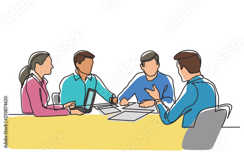 continuous line drawing of office workers at business meeting