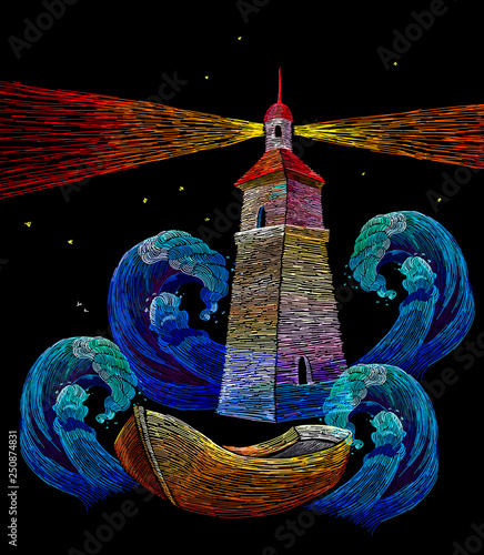 Embroidery lighthouse, boat and sea waves. Classical impressionism style beacon and storm in ocean fashion background. Template for clothes, textiles, t-shirt design