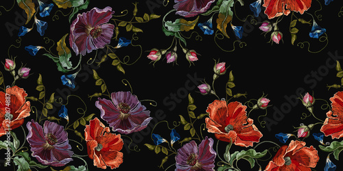Violet flowers and red poppies seamless pattern. Embroidery spring art. Fashion template for clothes, textiles, t-shirt design