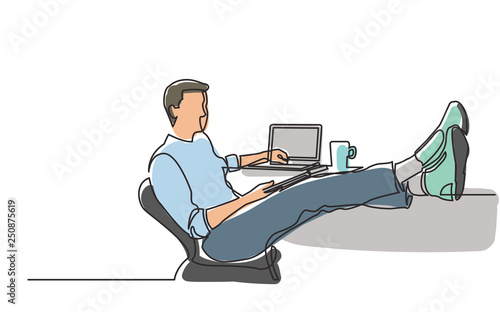 continuous line drawing of young man sitting with laptop-computer with his feet on desk