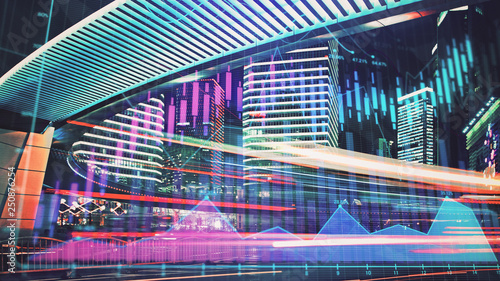 Trading graph on the cityscape at night background. Business and financial concept. Double exposure. Shanghai