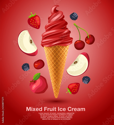 Mixed Fruit Flavored Soft Ice cream Set : Vector Illustration
