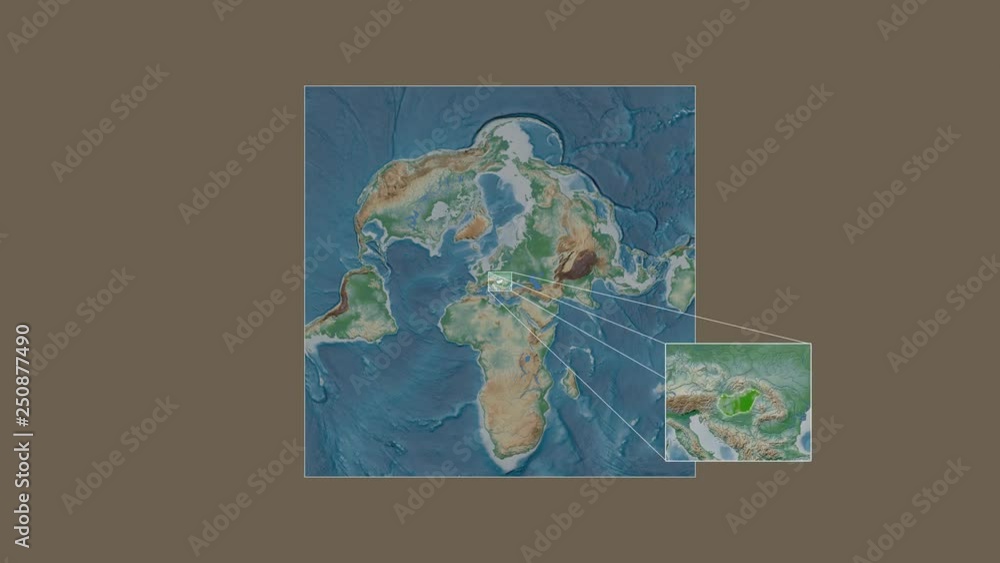Hungary area framed and extracted from the global physical map in the van der Grinten I projection with animated oblique transformation Hungary area framed and extracted from the global physical map in the van der Grinten I projection with animated oblique transformation