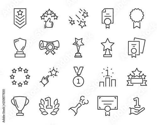set of award line icons, such as star, champion, prize, acheivement, winner, trophy, glory, certificate