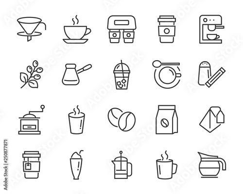 set of coffee icons, such as ice coffee, cup, teapot, beverage, cafe, breakfast,