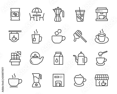 set of coffee icons, such as ice coffee, cup, teapot, beverage, cafe, breakfast,