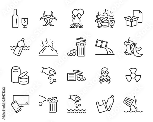 set of water pollution icons, such as, pollution, dirty, bin, plastic, industry waste , world water day, waste