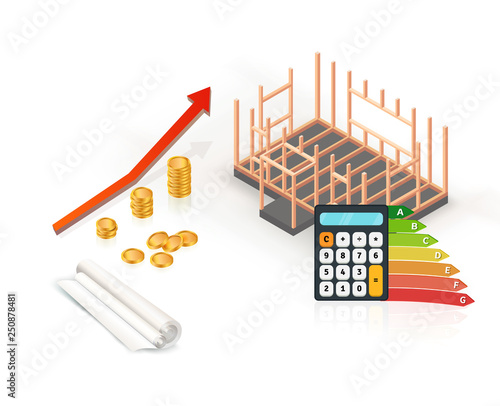Energy efficiency house construction with calculator, graph and gold coins. Isometric concept. Vector illustration
