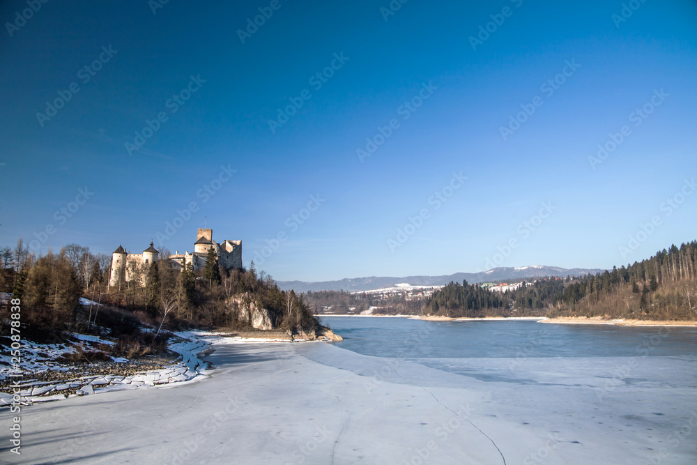 Dunajec castle in Niedzica, Poland, Czorsztyn lake at winter