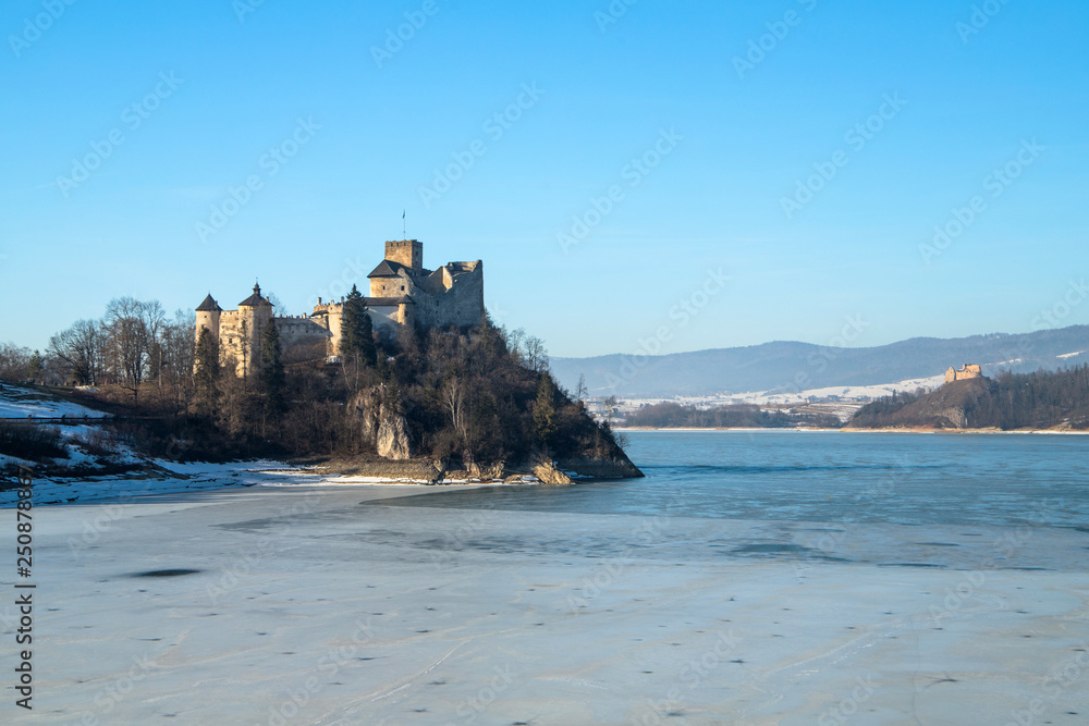 Dunajec castle in Niedzica, Poland, Czorsztyn lake at winter