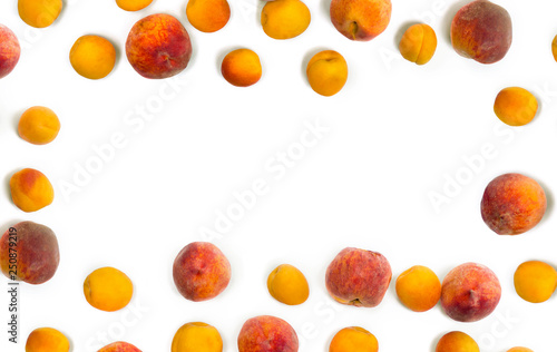 Frame of fresh orange apricots and peaches fruits on white background with space for text. Top view, flat lay