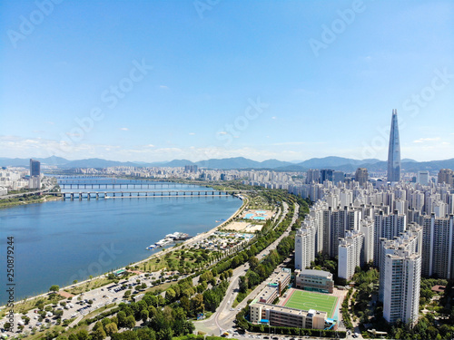 Aerial view cityscape of Seoul, South Korea. Drone View of Seoul with river and mountain. Seoul downtown city skyline, Aerial view of Seoul, South Korea, 08/20.2018