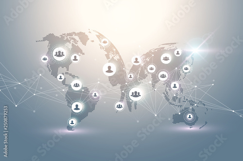 Social media network and marketing concept on World Map background. Global business concept and internet technology, Analytical networks. Vector illustration.