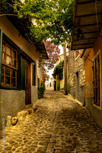 Lesbos island, Molyvos, Greece - The narrow alley in the old town of Molyvos on the island of Lesbos in the Aegean Sea on a spring day.