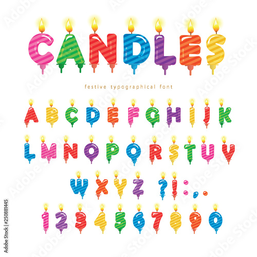 Birthday candles colorful font design. Bright festive ABC letters and numbers isolated on white. Vector