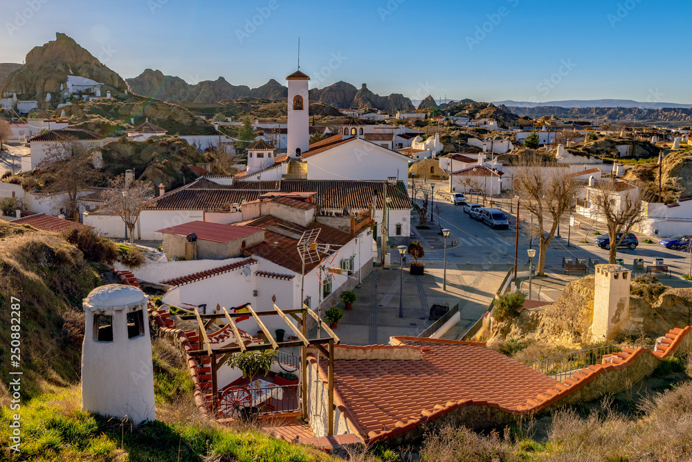 View of Guadix cave homes neighborhood seen from lookout balcony.