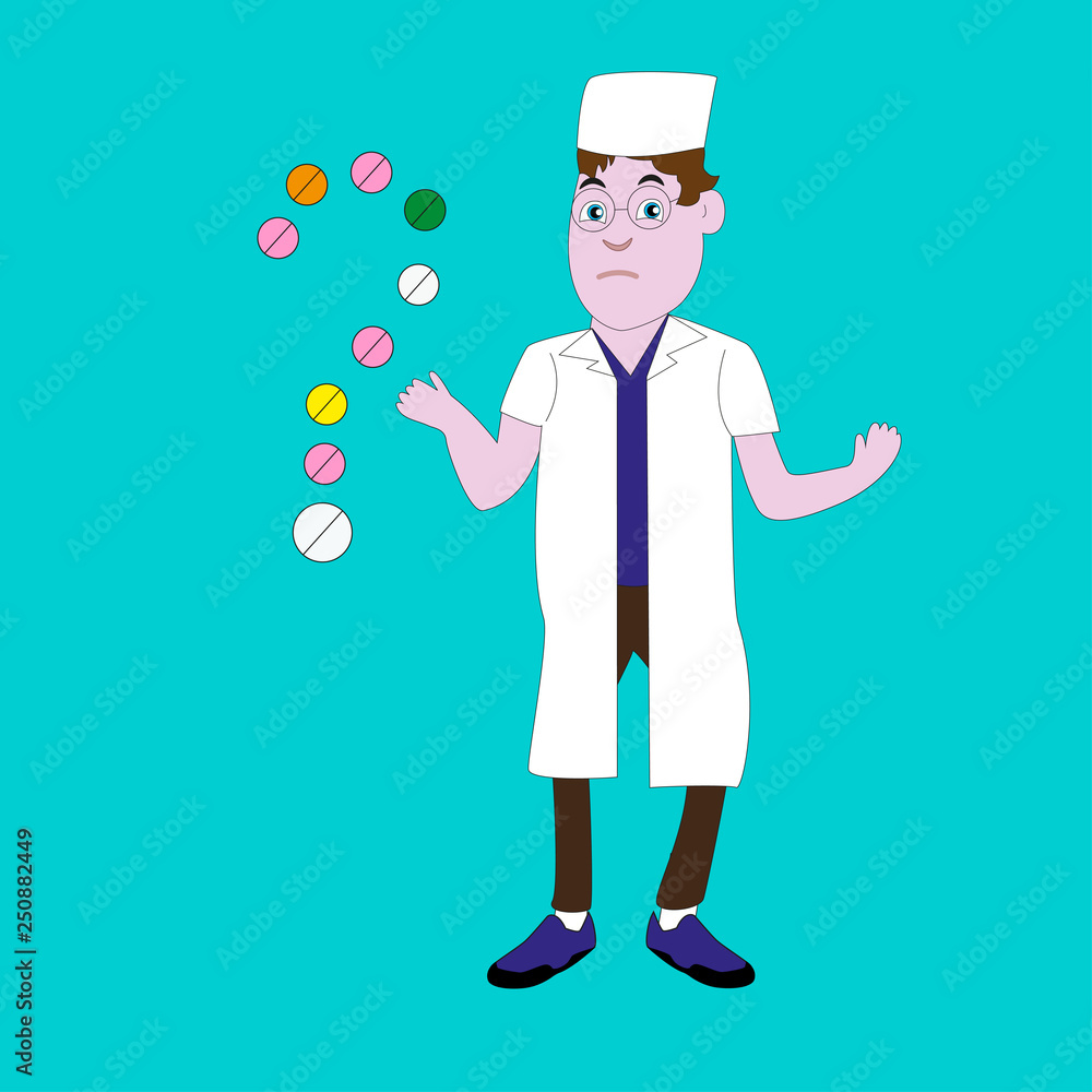 Surprised and perplexed doctor and pills in the form of a question mark symbol. Surprised and perplexed doctor and pills in the form of a question mark symbol.