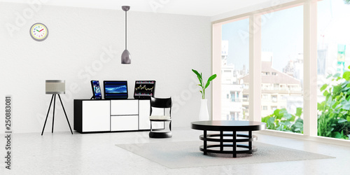 Modern working room interior  3 black desktop computer put on white drawer in front of  white wall  a lamp and flower pot place on marble floor  Cool tone room  Scandinavian style  3d rendering.