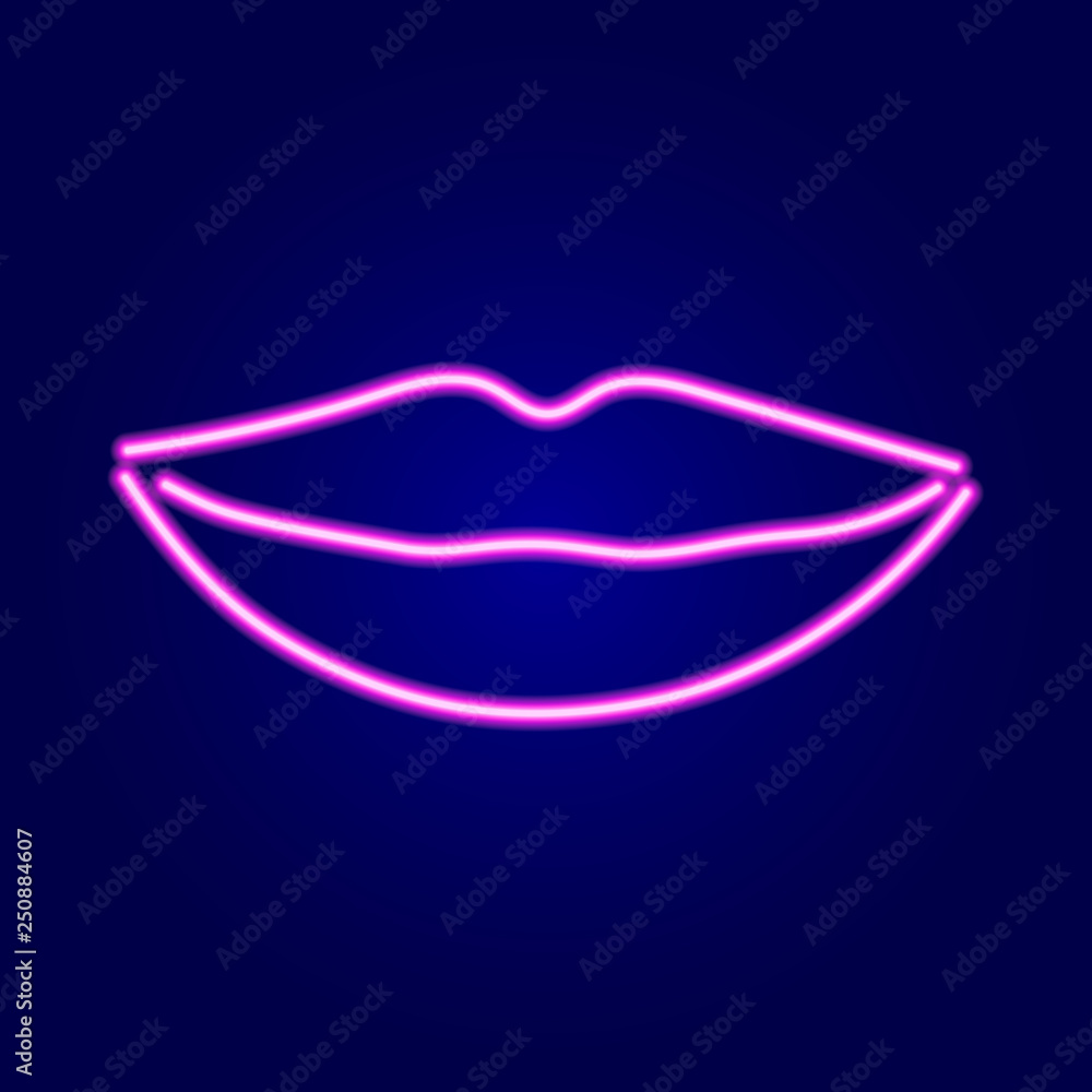 Lips female smile of neon pink glowing lines on dark blue background. Vector illustration. Lips female smile of neon pink glowing lines on dark blue background. Vector illustration.