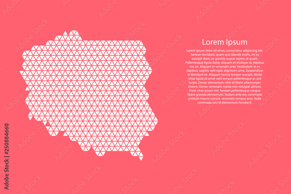 Poland map abstract schematic from white triangles repeating pattern geometric on pink living coral color background with nodes for banner, poster, greeting card. Vector illustration. Poland map abstract schematic from white triangles repeating pattern geometric on pink living coral color background with nodes for banner, poster, greeting card. Vector illustration.