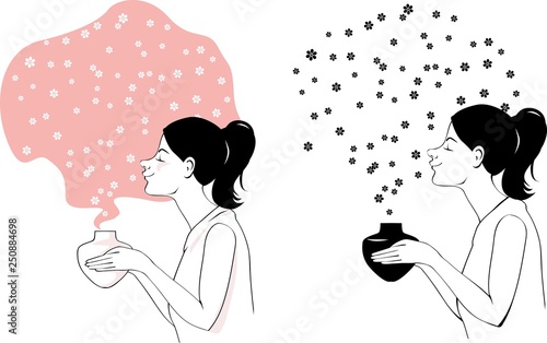 Woman using an aromatherapy diffuser, surrounded by an essential oil fragrance, EPS 8 vector illustration