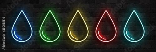 Vector set of realistic isolated neon sign of Water, Poison, Oil and Blood droplet logo for template decoration on the wall background.