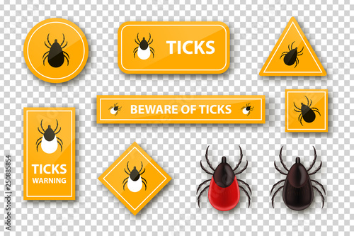 Vector set of realistic isolated ixodes tick warning signs for template decoration and covering on the transparent background. Concept of mite danger, disease and encephalitis precaution.