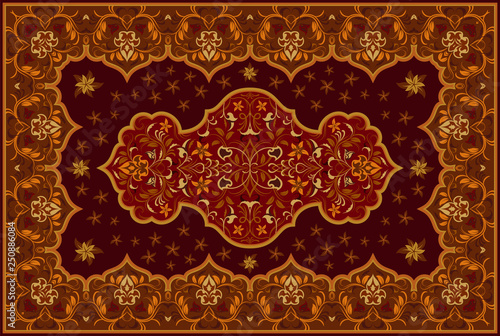 Vintage Arabic pattern. Persian colored carpet. Rich ornament for fabric design, handmade, interior decoration, textiles. Red background.