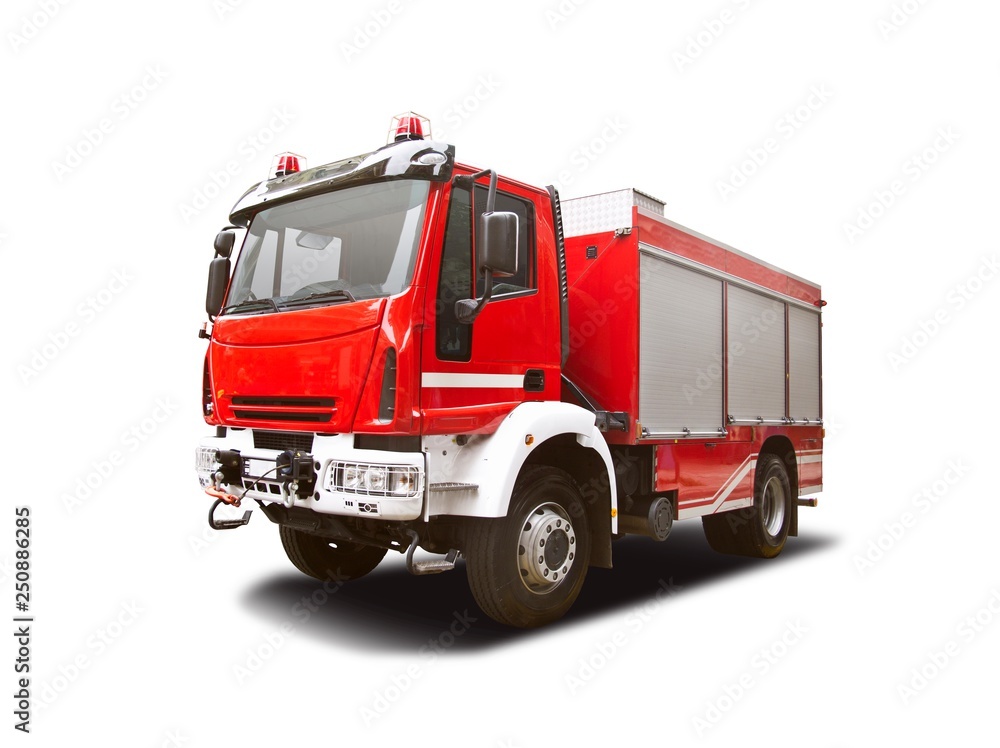Fire truck side view isolated on white