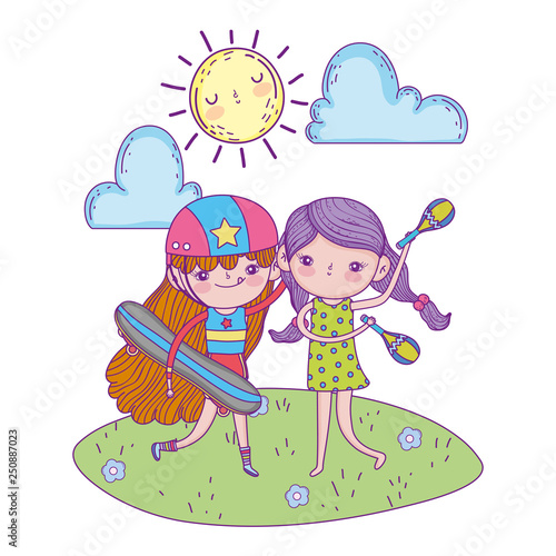 girls mounted in skateboard in landscape