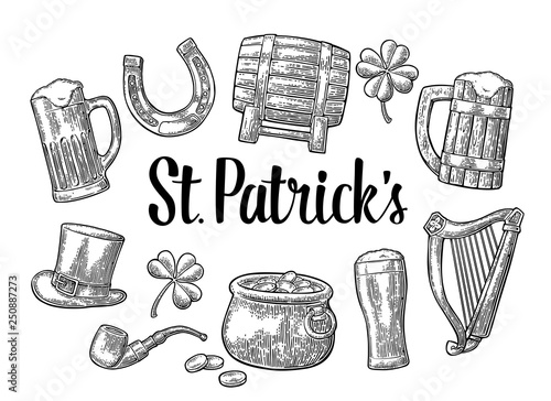 Saint Patrick Day. hat  Pot coins  pipe  beer  lyre  horseshoe