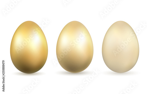 Easter egg 3D icons. Gold eggs set, isolated white background. Golden design, decoration Happy Easter celebration. Holiday elements collection. Shiny pattern. Spring symbol. Vector illustration