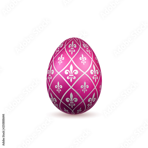 Easter egg 3D icon. Color egg, isolated white background. Flower fleur de lis design, decoration for Happy Easter celebration. Royal lily element. Holiday pattern. Spring symbol. Vector illustration