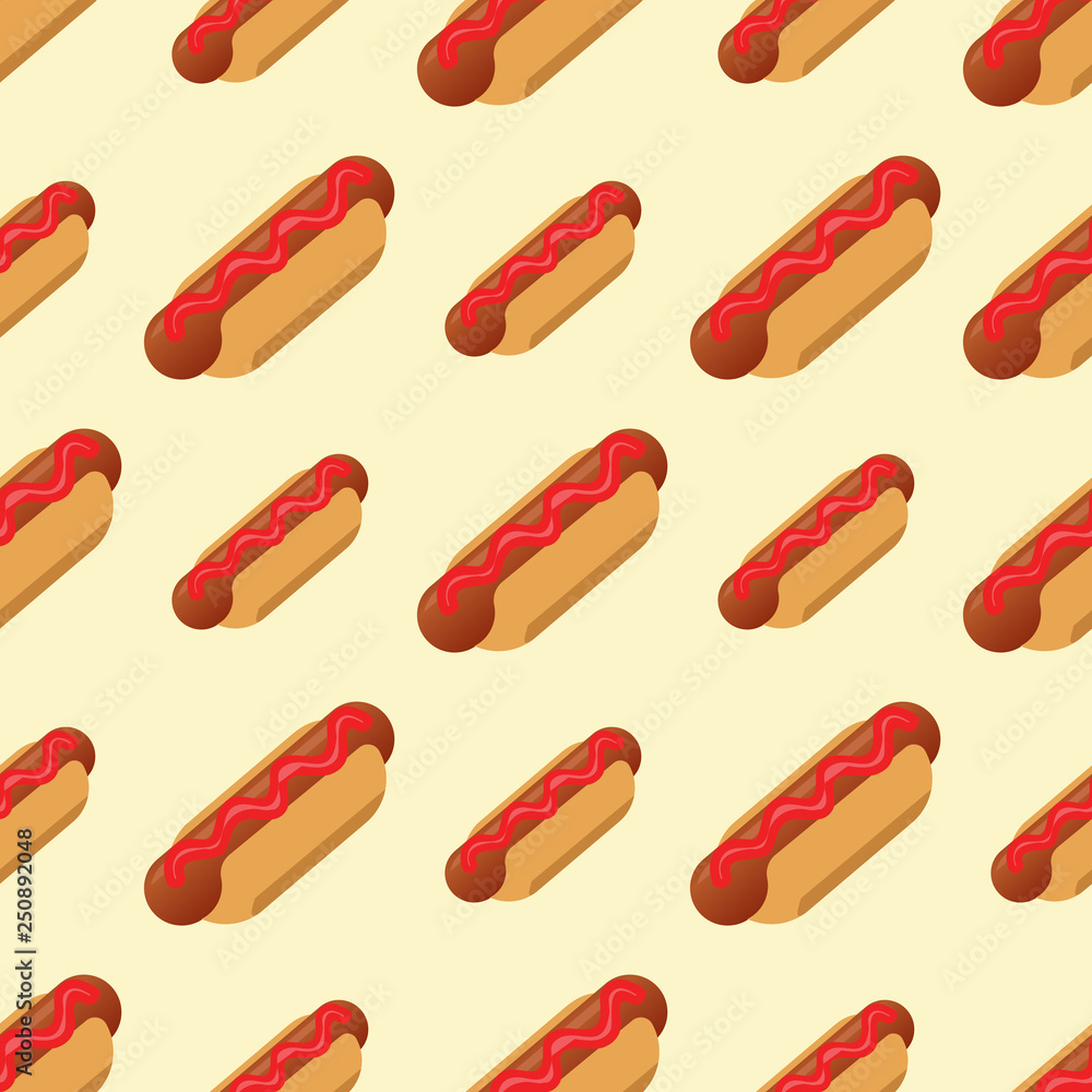 Seamless hot dog background. Fast food vector seamless pattern with buns and sausages Seamless hot dog background. Fast food vector seamless pattern with buns and sausages