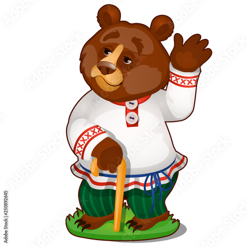 Animated bear in clothes isolated on white background. The character of Russian folk tales. Vector cartoon close-up illustration.