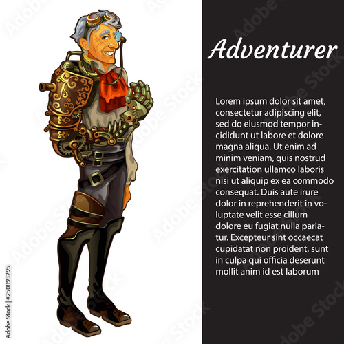 A card with a picture of adventurer isolated on white background and sample text. Smiling man in suit in the style of steam punk. Vector cartoon close-up illustration.