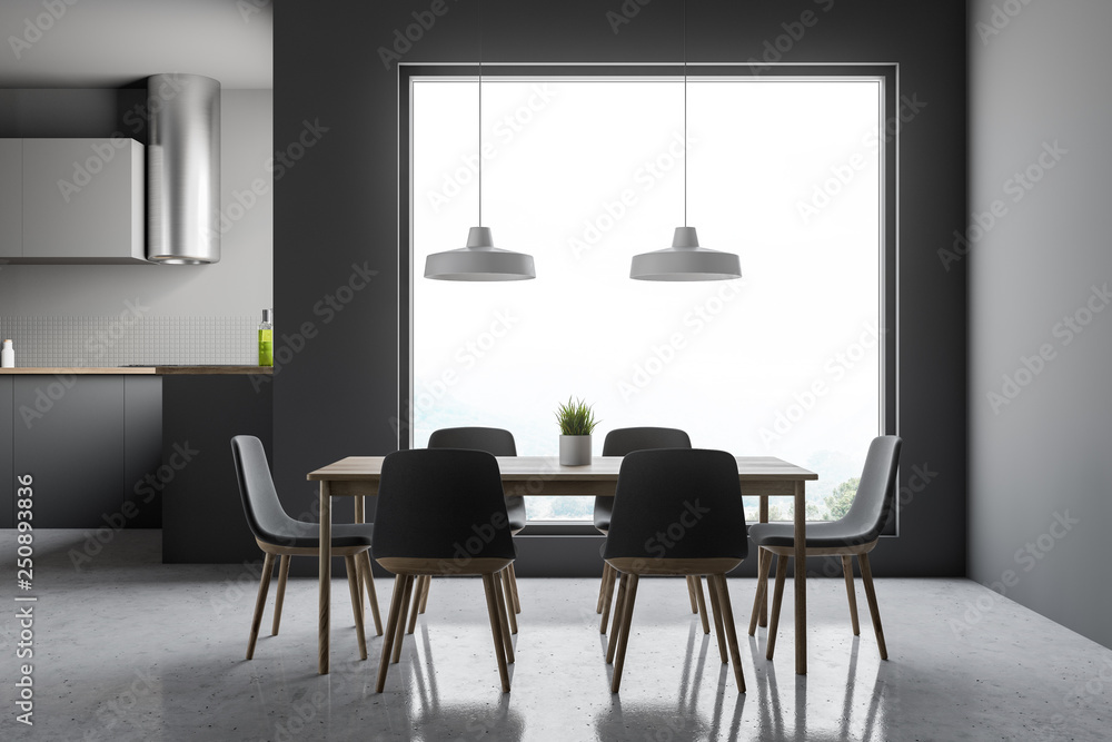 Gray kitchen interior with big window and table Gray kitchen interior with big window and table