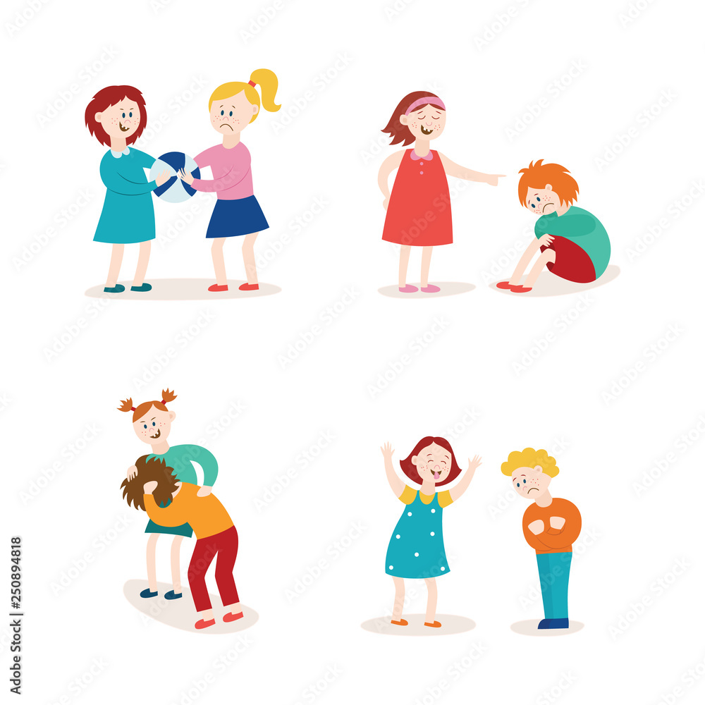 Vector flat bullying kids harassment character set Vector flat bullying kids harassment character set