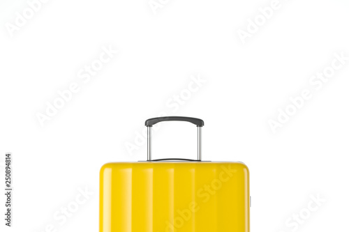 Yellow suitcase close up over white