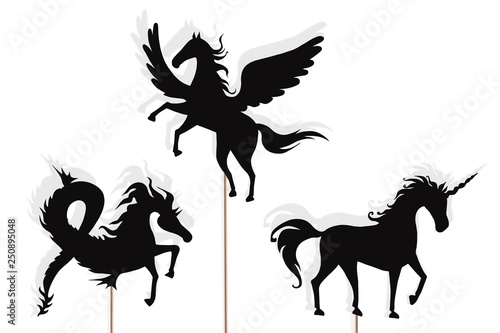 Unicorn, Pegasus and Sea horse shadow puppets