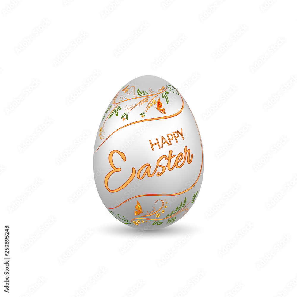 Easter egg 3D icon. Silver egg, Happy Easter text, isolated white background. Floral design. Hand drawn flower decoration for Easter. Text element. Holiday pattern. Spring symbol. Vector illustration Easter egg 3D icon. Silver egg, Happy Easter text, isolated white background. Floral design. Hand drawn flower decoration for Easter. Text element. Holiday pattern. Spring symbol. Vector illustration