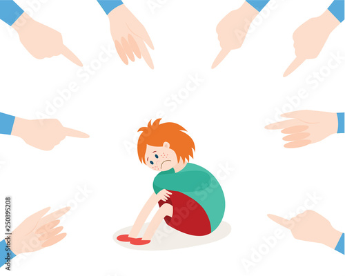 Vector bullying of child girl sitting alone flat