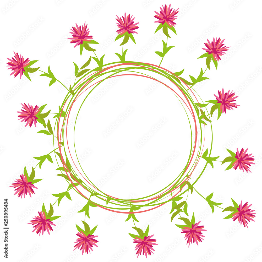 Summer round frame of clover flowers on  white background. Vector illustration for summer and spring posters, paintings, fabrics, web design, magazine.