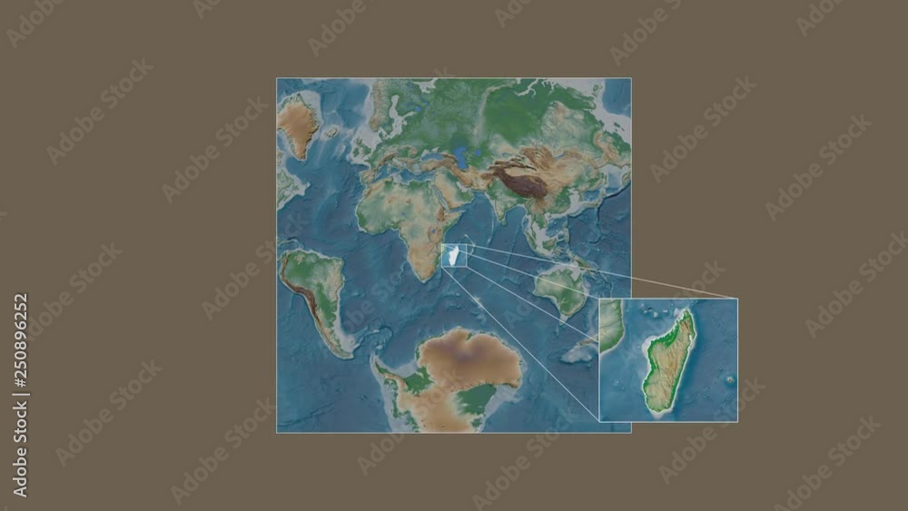Madagascar area framed and extracted from the global physical map in the van der Grinten I projection with animated oblique transformation Madagascar area framed and extracted from the global physical map in the van der Grinten I projection with animated oblique transformation