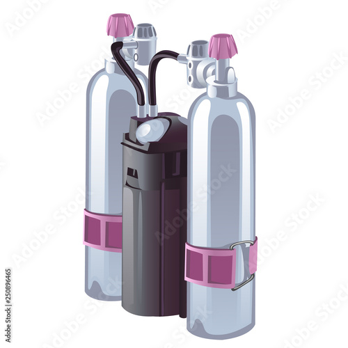 Gas cylinders with pressure reducers for breathing isolated on white background. Vector cartoon close-up illustration.