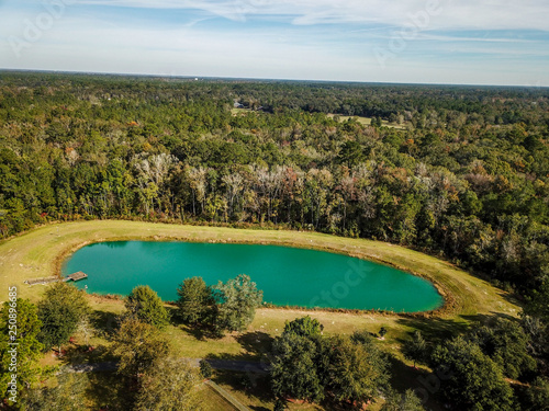 Small Body of Water from Aerial Drone View in Dense Forest Greenery Landscape