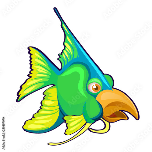 Fancy green fish with bird beak isolated on a white background. Cartoon vector close-up illustration.