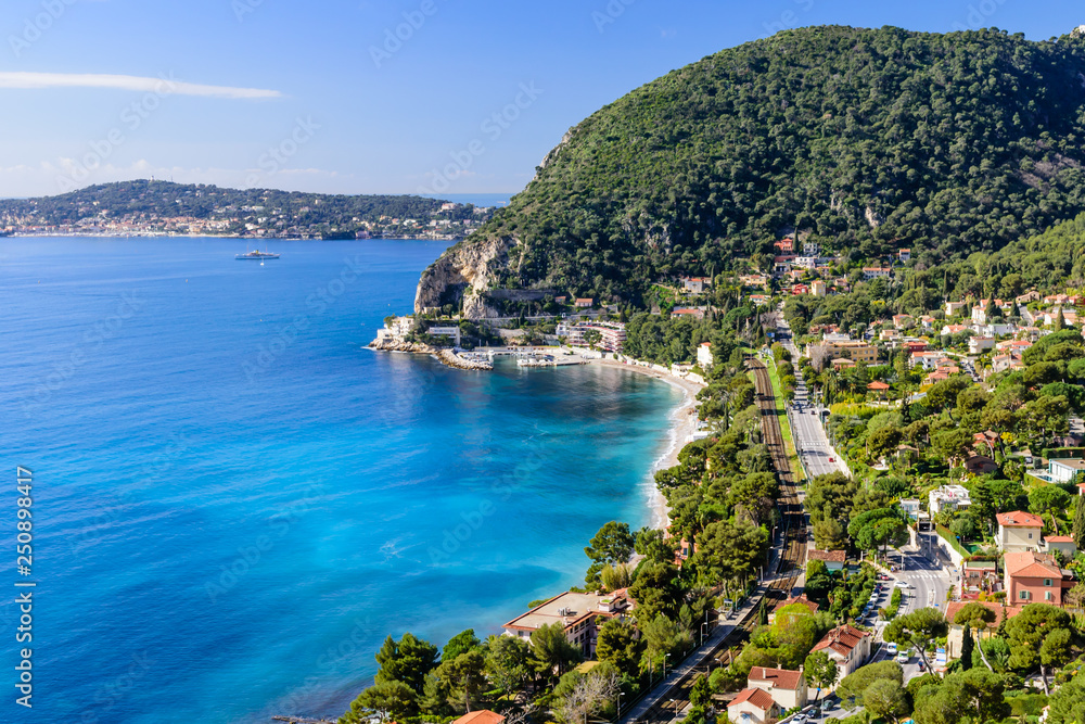 Beautiful aerial view of the coastline with blue water, Eze town, Cote d'azur, France