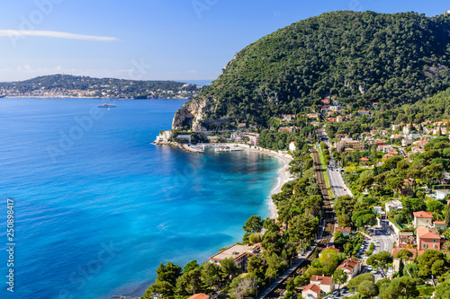 Beautiful aerial view of the coastline with blue water  Eze town  Cote d azur  France