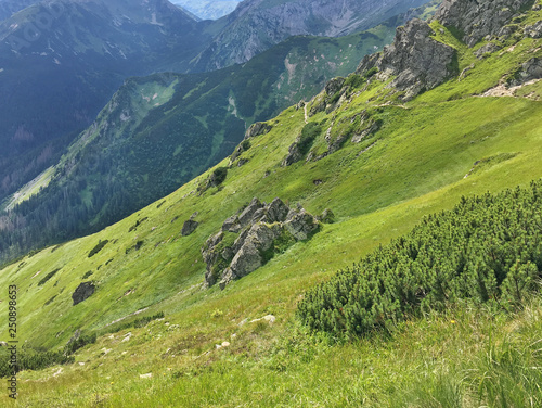 Mountain landscape, sunny summer day in the High Tatras. Border of Poland and Slovakia in the Tatra Mountains. Tourist route. 
